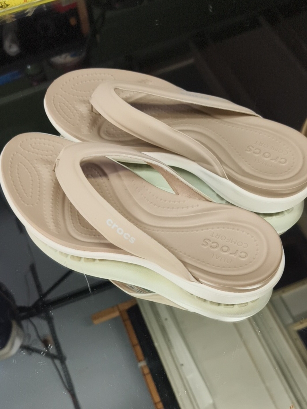 Crocs Women's 8 Capri V Sporty Flip Flops in cobblestone/beige. Mint.